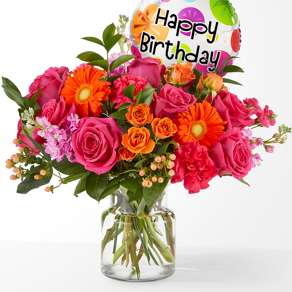 Fiesta Bouquet with Birthday Balloon – DAWN'S FLOWER PATCH, Lake Wales FL