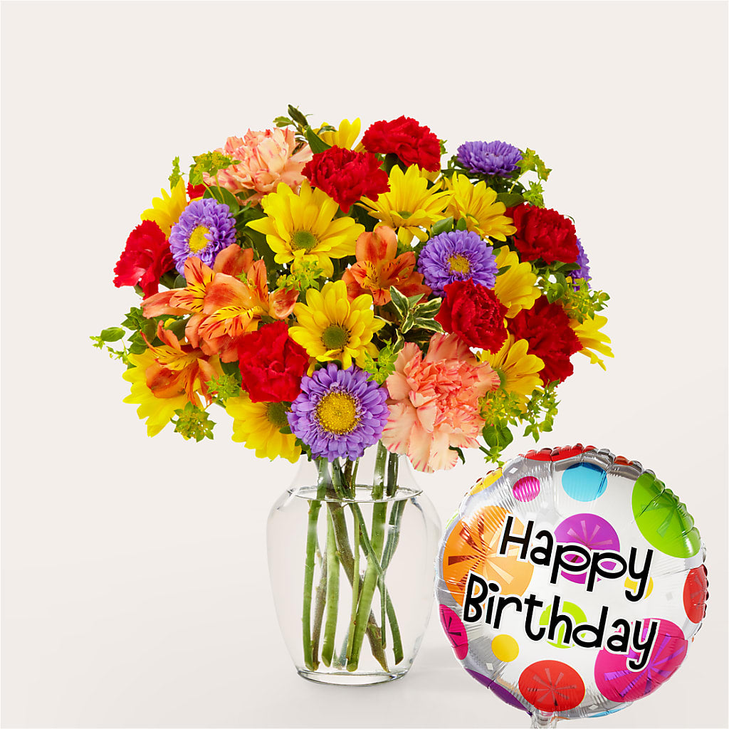 Kaleidoscope Bouquet with Birthday Balloon – DAWN'S FLOWER PATCH, Lake Wales FL