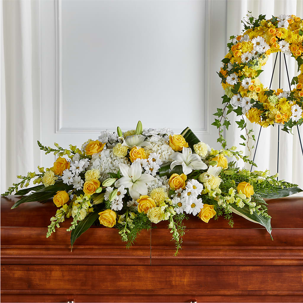 Golden Harmony Casket Spray – DAWN'S FLOWER PATCH, Lake Wales FL
