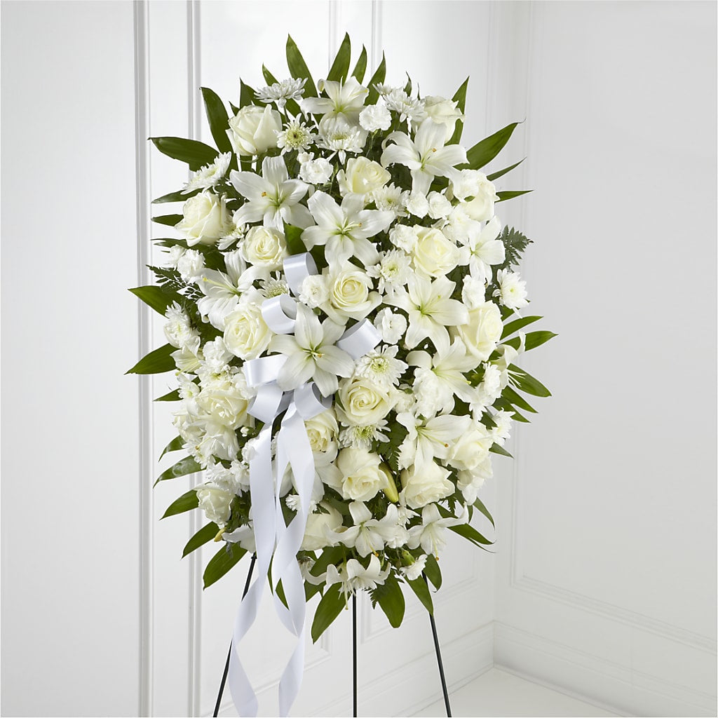 Exquisite Tribute Standing Spray-White Ribbon – DAWN'S FLOWER PATCH, Lake Wales FL