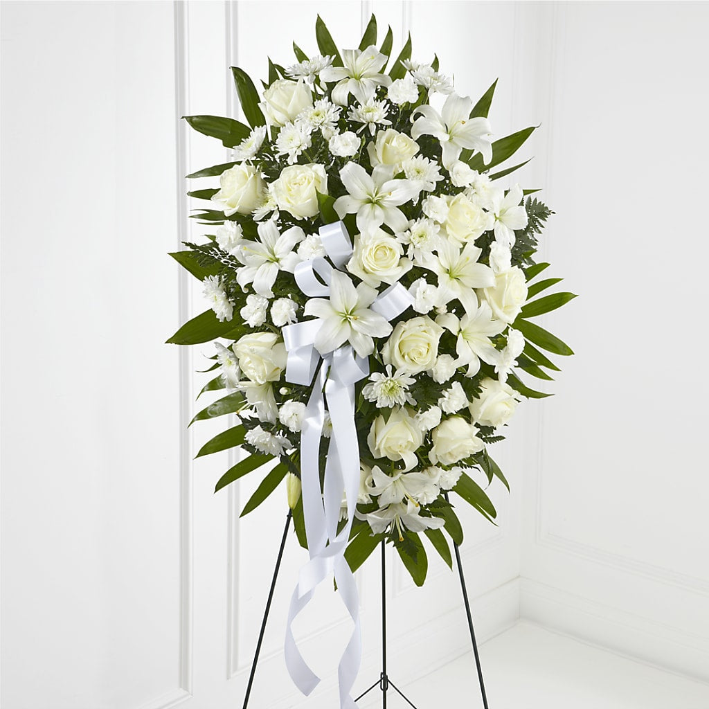 Exquisite Tribute Standing Spray-White Ribbon – DAWN'S FLOWER PATCH, Lake Wales FL